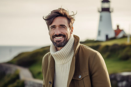 Portrait of handsome man standing in front of lighthouse on the coastの素材