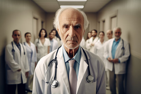 Portrait of a senior male doctor standing in front of his medical teamの素材