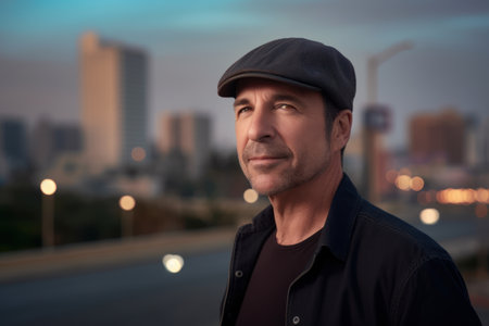 Portrait of a handsome mature man in a baseball cap outdoors.の素材