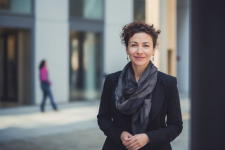 Portrait of a beautiful middle-aged woman with curly hair in an urban contextの素材