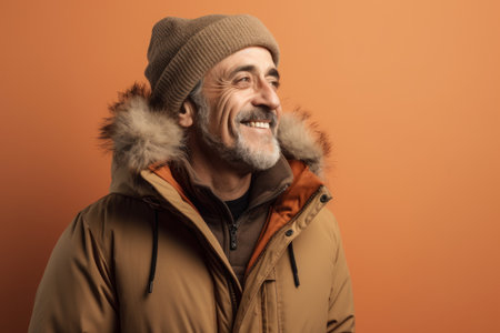 Portrait of a happy senior man in warm clothes on a brown background.の素材
