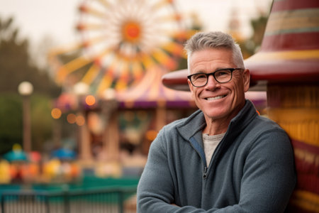 Portrait of smiling senior man with eyeglasses standing in amusement parkの素材