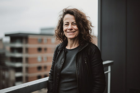 Portrait of a middle-aged woman in a leather jacket on the balconyの素材