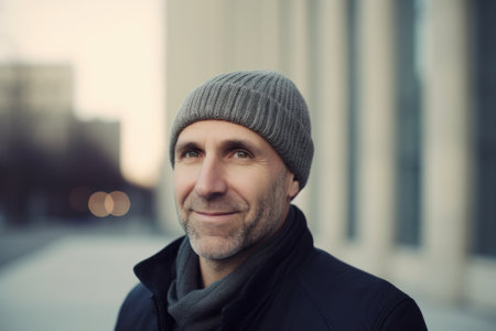 Portrait of a handsome middle-aged man in a hat and scarf.の素材