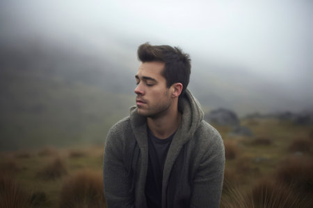 Young man in the mountains on a foggy day with eyes closedの素材