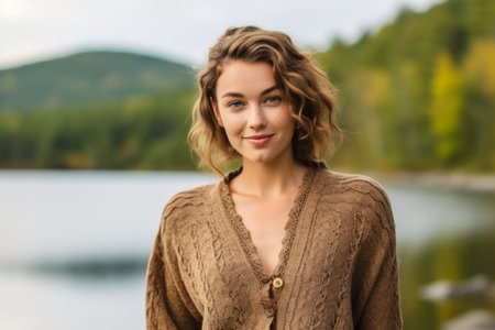 Portrait of a beautiful young woman in a knitted sweater on the background of the lakeの素材