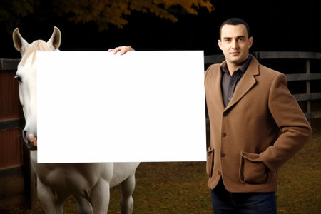 Handsome man and white horse holding a blank signboard.の素材