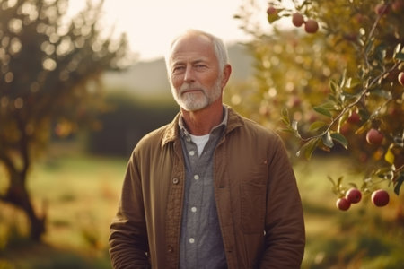 Portrait of a senior man in an apple orchard in autumnの素材