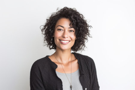Portrait of a smiling young woman with curly hair on white backgroundの素材