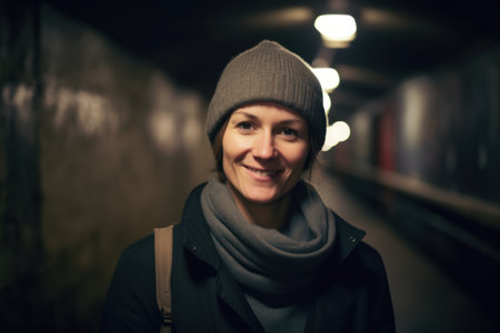 Portrait of a smiling woman in a dark tunnel looking at the cameraの素材