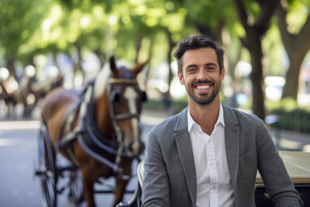 Portrait of handsome young man with horse drawn carriage in the cityの素材