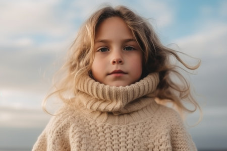 Portrait of a little girl in a warm sweater and scarf on the beachの素材