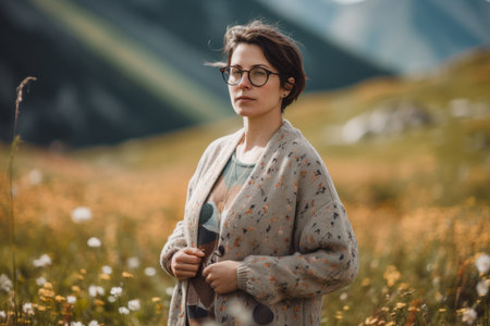 portrait of a beautiful young woman in glasses on the background of mountainsの素材