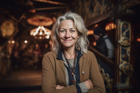 Portrait of smiling senior woman standing with arms crossed in front of Christmas marketの素材