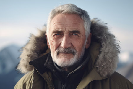 Portrait of senior man with gray beard in winter jacket looking awayの素材