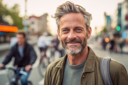 Portrait of handsome mature man smiling at camera while walking in cityの素材