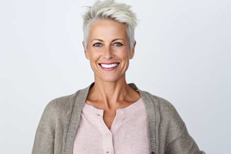 Portrait of a happy mature woman smiling at camera against white backgroundの素材
