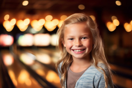 Portrait of a cute little girl at the bowling alley in a clubの素材