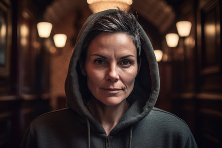 Portrait of a woman in a gray hooded sweatshirt.の素材