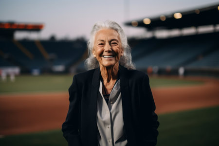 happy senior woman in suit smiling at camera while standing on baseball fieldの素材