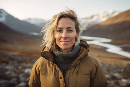 Portrait of a beautiful middle-aged woman in the mountains.の素材