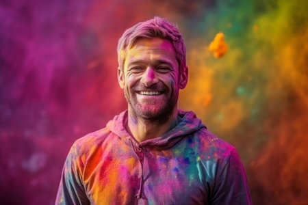 Handsome young man with colored powder. Holi festival.の素材