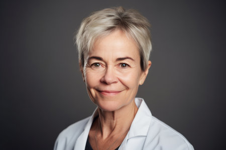 Portrait of a smiling senior female doctor on a gray background.の素材