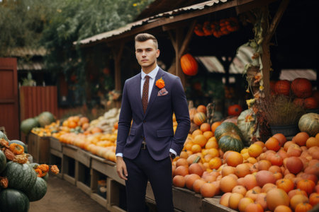 Handsome young man in elegant suit posing on the background of pumpkins.の素材