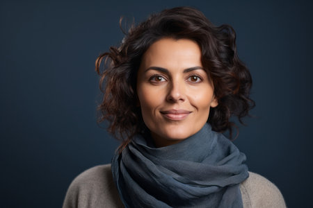 Portrait of beautiful young woman with scarf on dark blue background.の素材