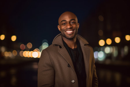 Portrait of a smiling african american man in the city at nightの素材