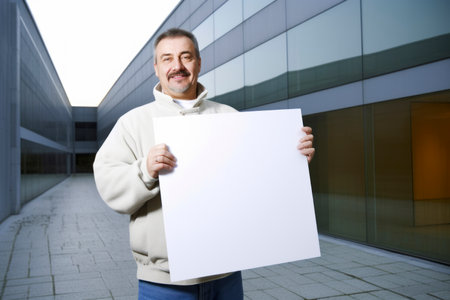 Portrait of smiling mature man holding blank sheet of paper in cityの素材