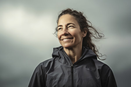Portrait of a happy mature woman in raincoat against cloudy skyの素材