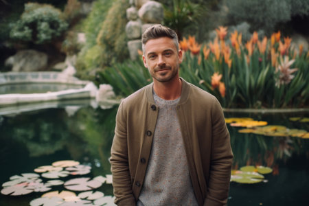 Portrait of a handsome young man standing in a garden. Men's beauty, fashion.の素材