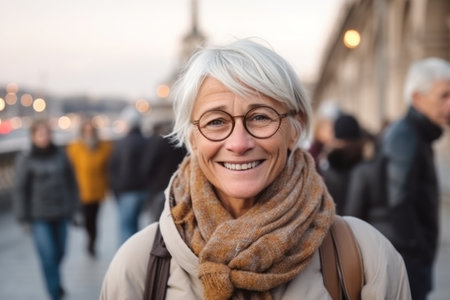 Portrait of smiling senior woman with eyeglasses walking in Parisの素材