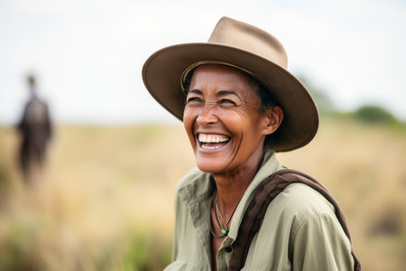 Portrait of happy senior woman with hat smiling at camera in fieldの素材