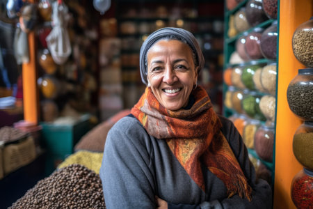 Portrait of smiling mature woman in the spice bazaar in Moroccoの素材
