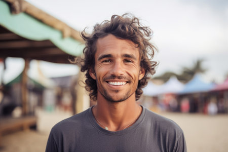 Portrait of handsome man with curly hair smiling at camera on beachの素材