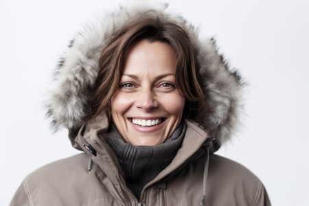 Portrait of happy woman in winter jacket looking at camera over white backgroundの素材