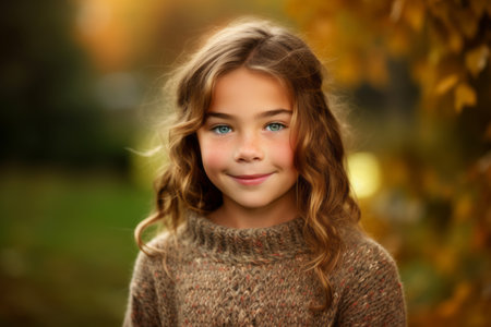 Portrait of a beautiful little girl on a background of autumn parkの素材