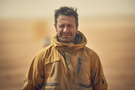 Portrait of a man in a yellow jacket on the beach.の素材