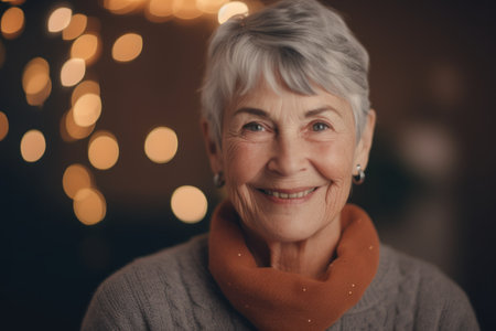 Portrait of a smiling senior woman at home with Christmas lights in the backgroundの素材