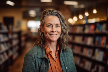Portrait of smiling mature woman standing in library at university. Looking at camera.の素材