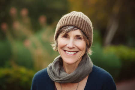 Portrait of smiling mature woman in hat and scarf standing in parkの素材