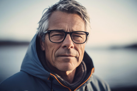Portrait of senior man with eyeglasses on the beach.の素材