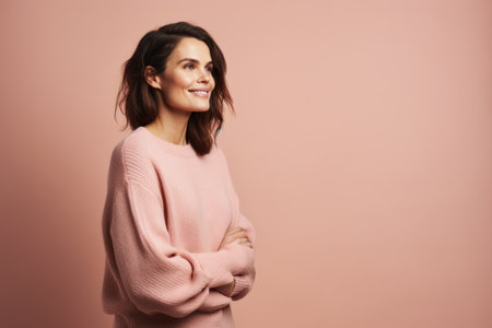 Portrait of a happy young woman standing with arms folded isolated over pink backgroundの素材