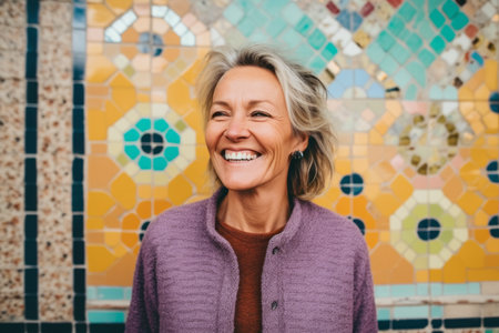 Portrait of a smiling senior woman in a purple sweater on a background of a mosaic wallの素材