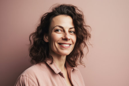 Portrait of a happy young woman looking at camera over pink backgroundの素材