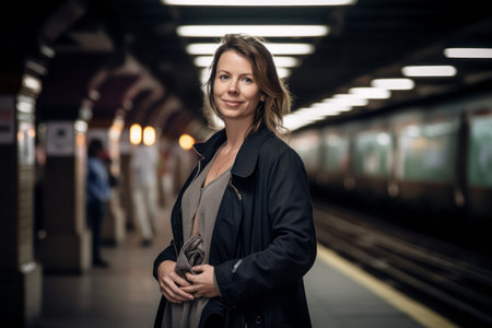 Beautiful young woman on the platform of a subway station. Long exposureの素材