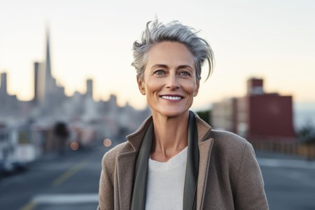 Portrait of smiling mature businesswoman standing on city street at sunriseの素材