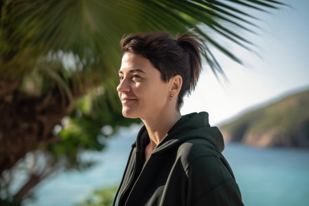 Portrait of a young woman in a green jacket on the beachの素材